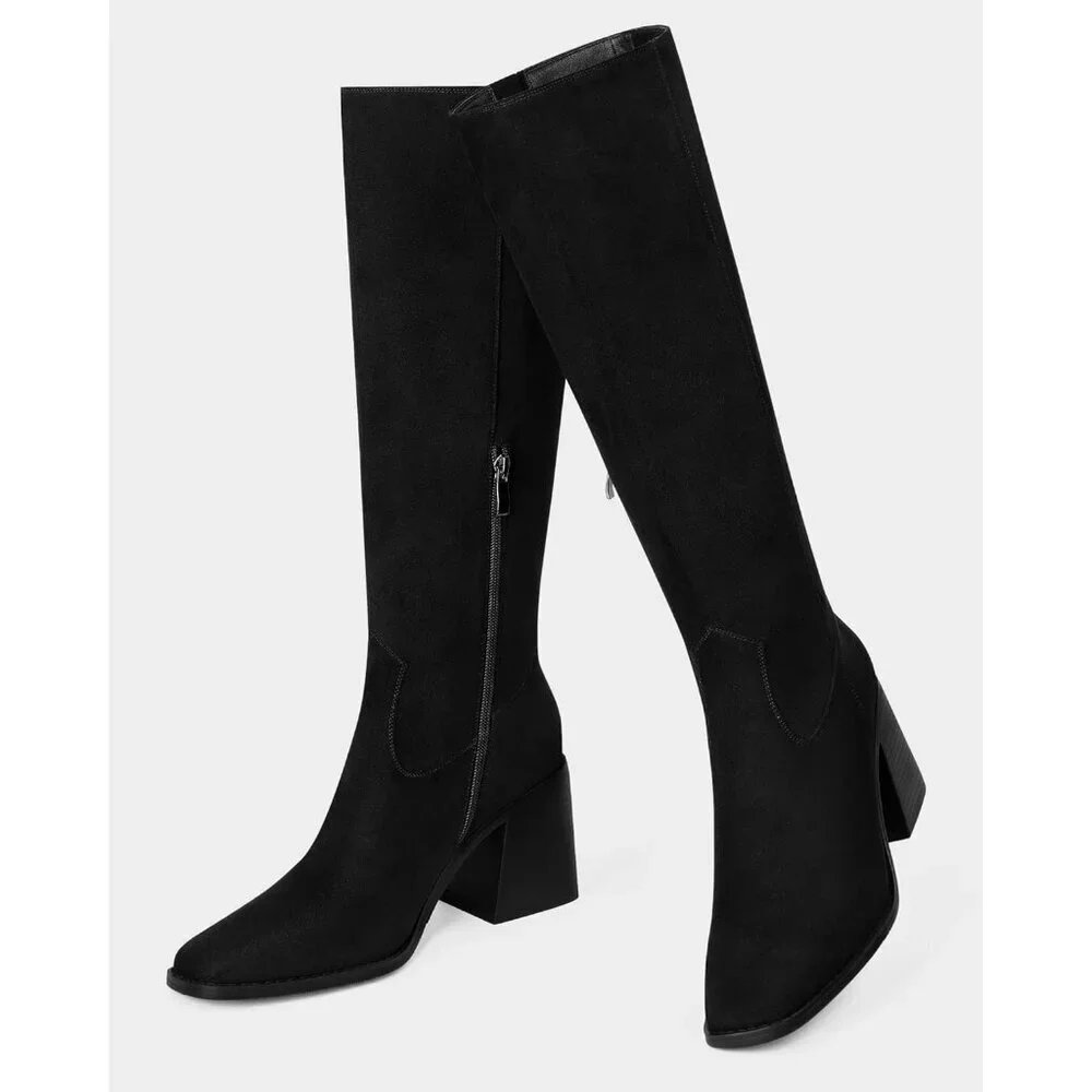Women Black Polyurethane Knee High Square Toe Side Zipper Block Heel Tall Boots